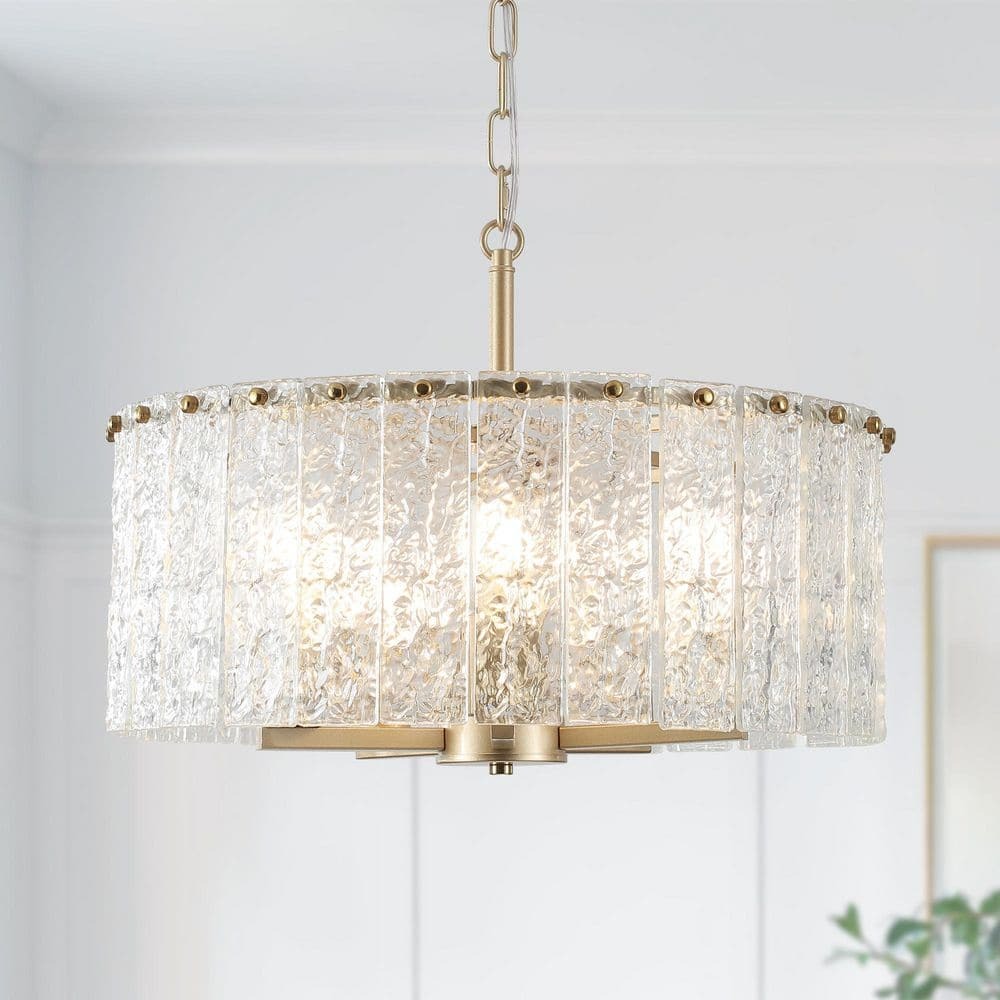 HLJYNJM 5-Light Gold Farmhouse Drum Chandelier Ripple Glass Height Adjustable